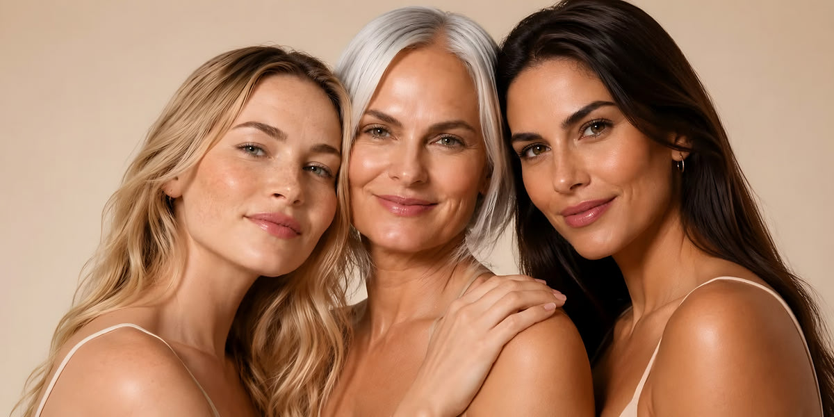 Trois femmes d'âges différents, joue contre joue, peau nue sur fond beige