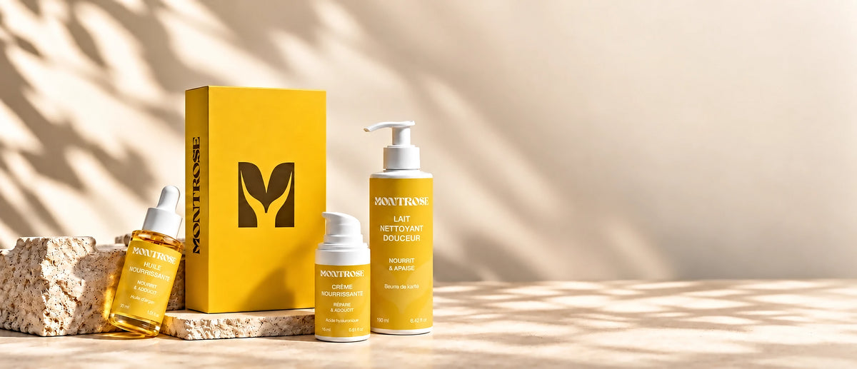 Collection Nourrissante Montrose Cosmetics, coffret jaune vertical et trois soins sur fond studio ivoire