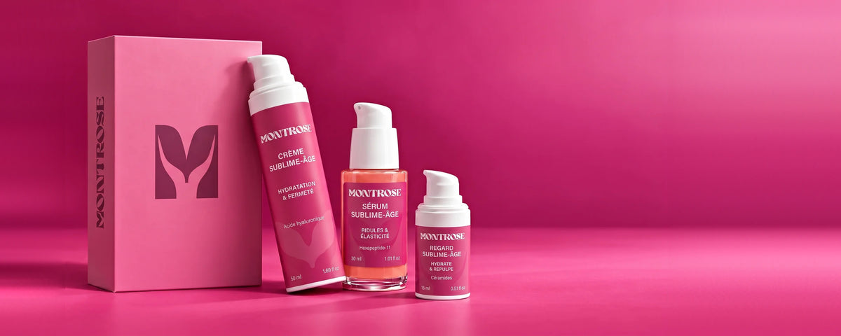 Collection Sublime-Âge Montrose Cosmetics : coffret, crème, sérum et soin regard sur fond studio rose