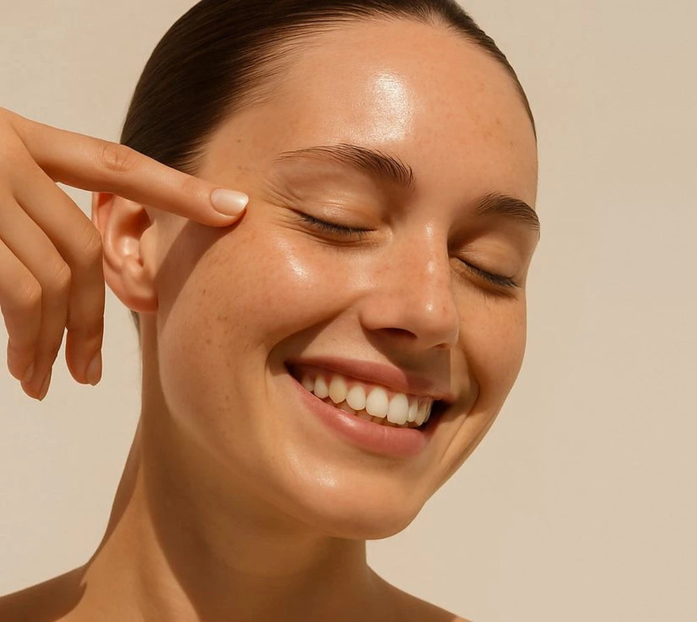 Femme souriante aux yeux fermés, la peau lumineuse, un doigt posé près de l’œil, sur fond beige